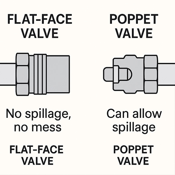 Compared to traditional poppet-style couplers, flat-face designs like CB-SP-6FN drastically reduce fluid loss and air inclusion. This is especially important in clean-critical applications like mobile service tools, chemical transfer, or field maintenance equipment. The illustration below highlights the structural difference—and why flat-face valves are the preferred choice in high-standard hydraulic systems.